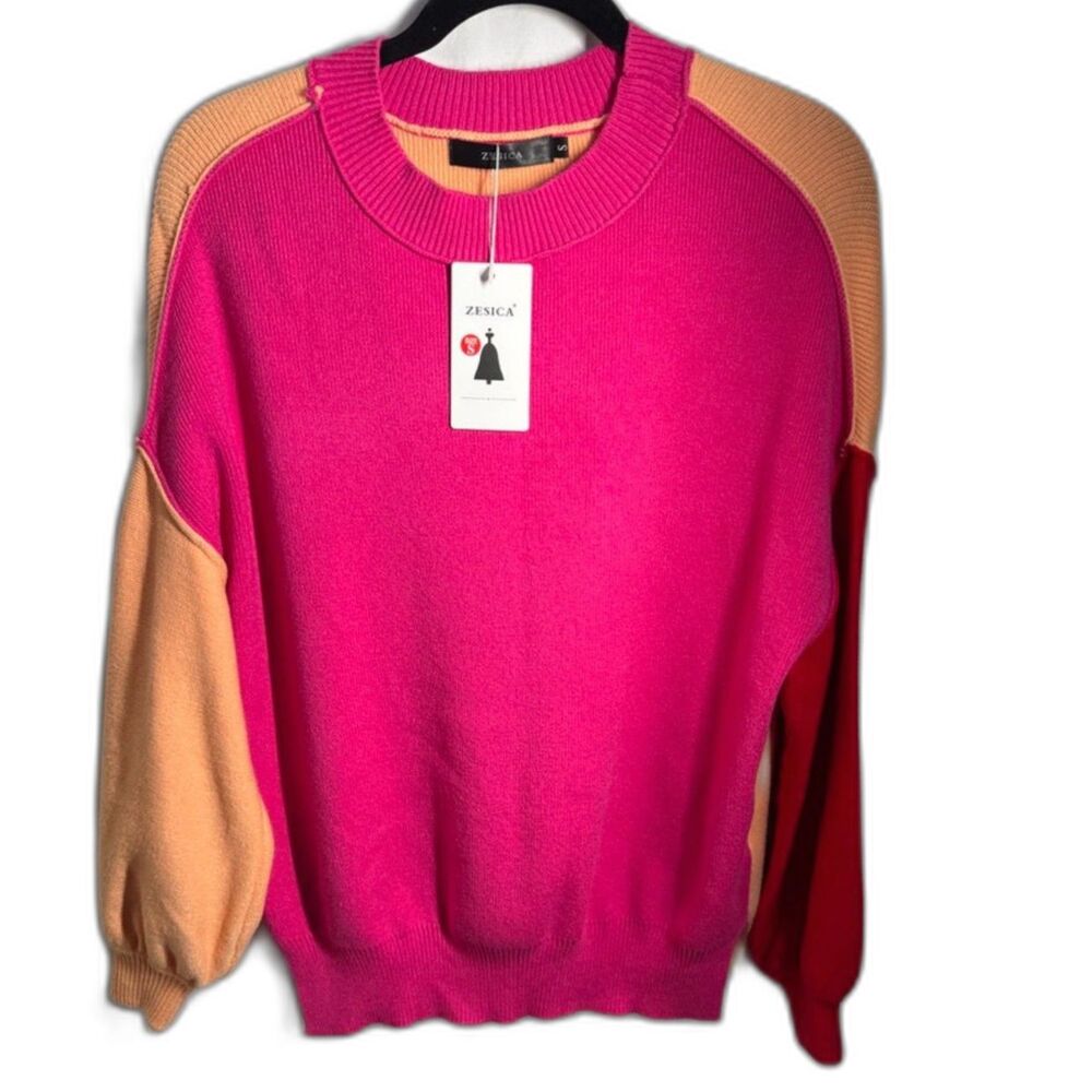 ZESICA Color Block Sweater Small Hot Pink Orange Red Oversized Dopamine Y2K